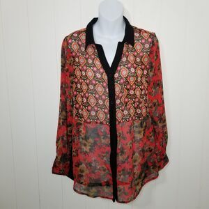 Anthropologie Fig Flower Peasant Blouse Boho Top M Floral Semi Sheer Tulip Back